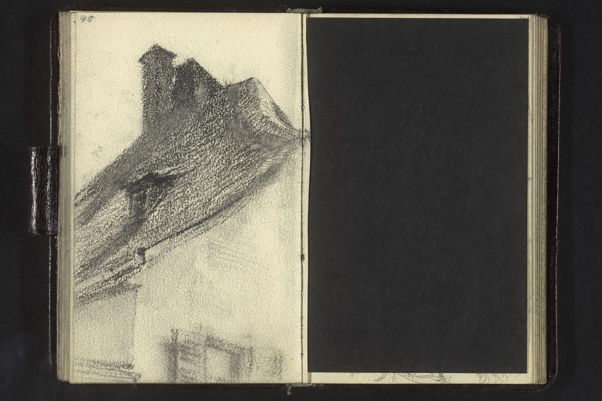 Dach und Giebel eines Hauses und Fragment einer herausgetrennten Seite