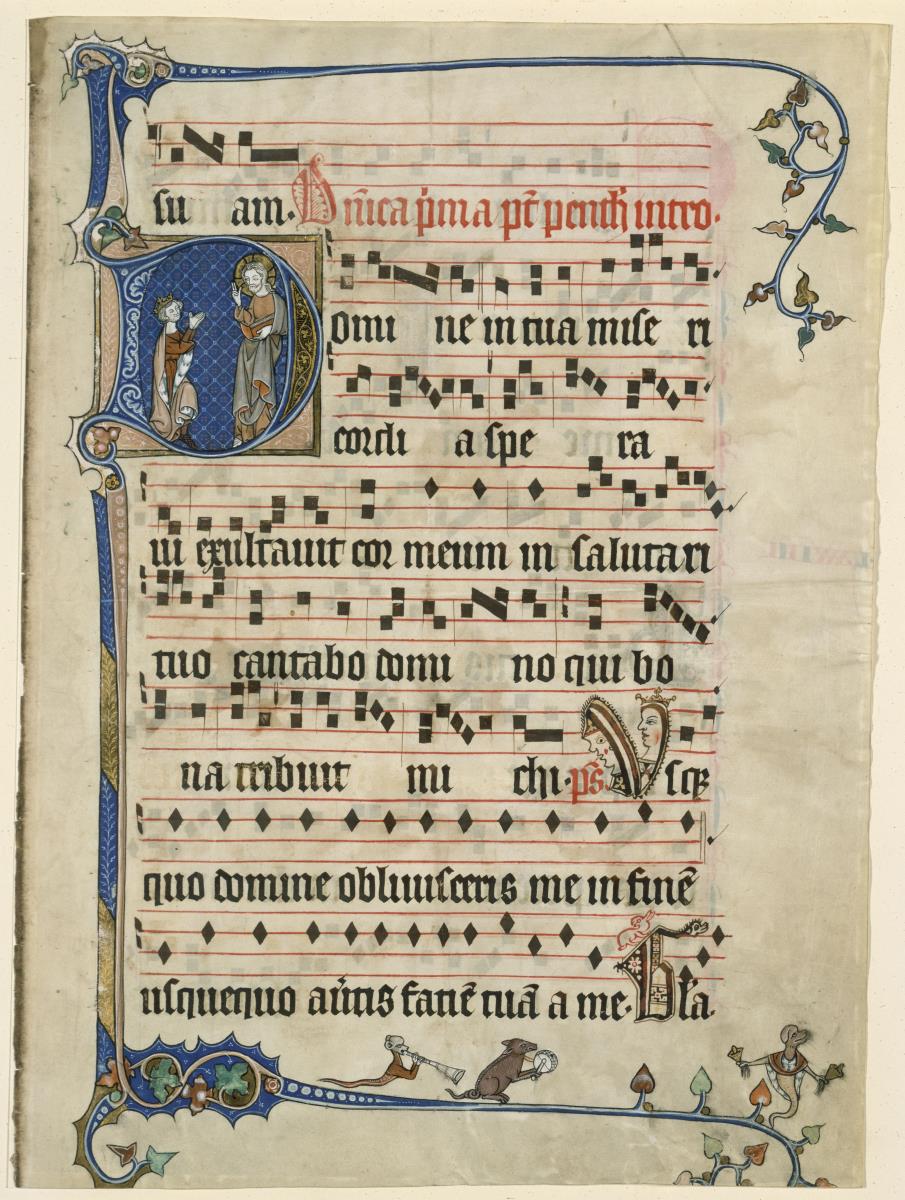 Randleiste und Initiale D, darin vor blauem Grund Christus