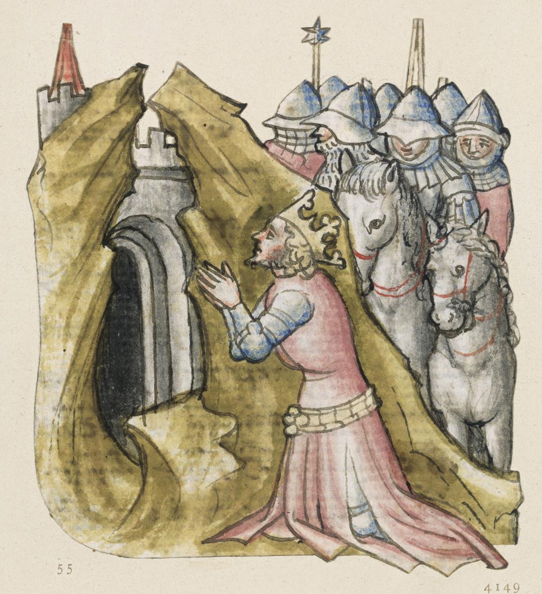 Alexander, an der Spitze seines Heeres, kniet betend vor dem Felsentor Jerusalems