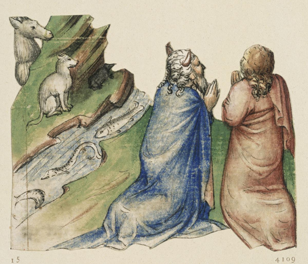 Moses erhält Unterweisung über reine und unreine Tiere. Er kniet mit Aaron neben einem Wasser und einem Hügel mit Tieren.