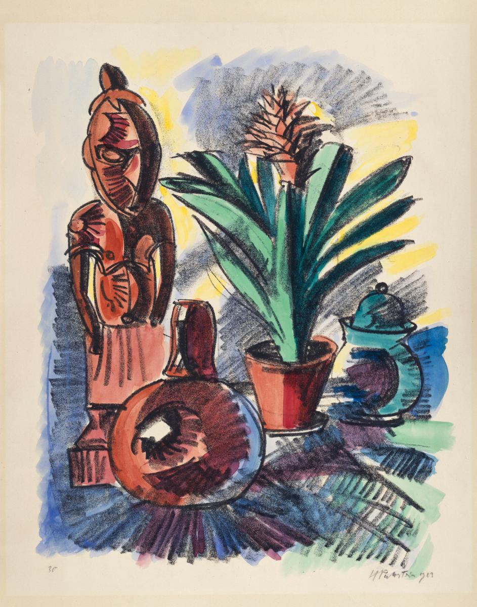 Stilleben mit Holzfigur und Amaryllis