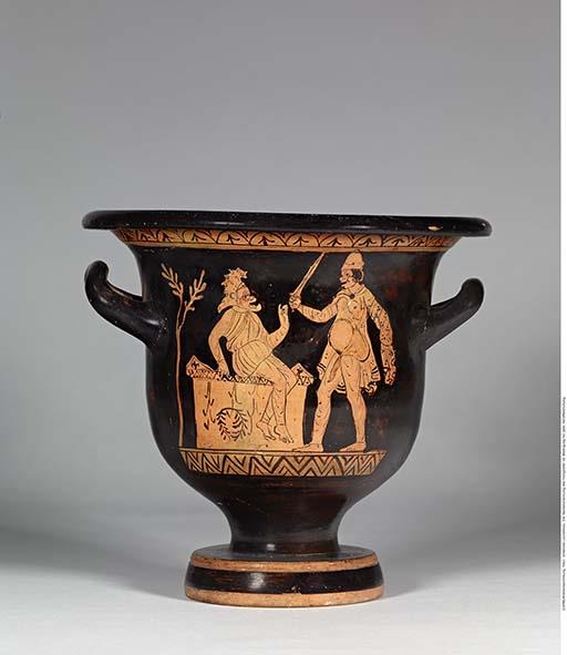 frühitalischer Glockenkrater: Phlyakenposse (Priamos und Neoptolemos)