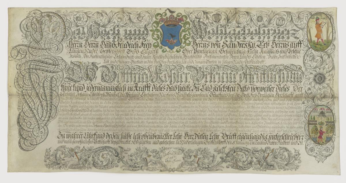 Lehrbrief für den Gärtner Johann Christoph Mentsel, ausgestellt von Johann Köhler, im Namen von Hans Friedrich Freiherr von Sandresky