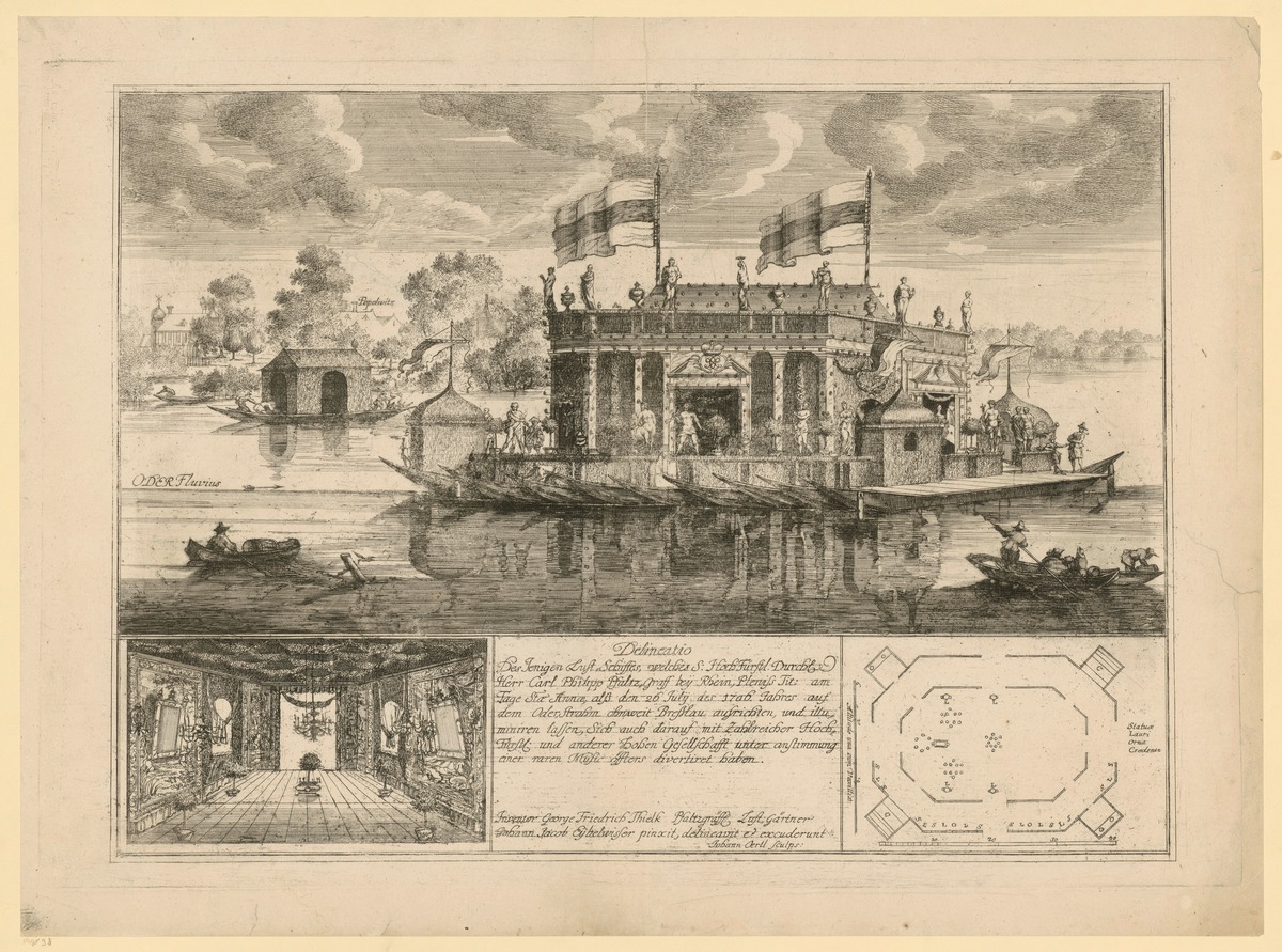 Illuminiertes Schiff von Karl III. Philipp von der Pfalz auf der Oder in der Nähe von Breslau 1706