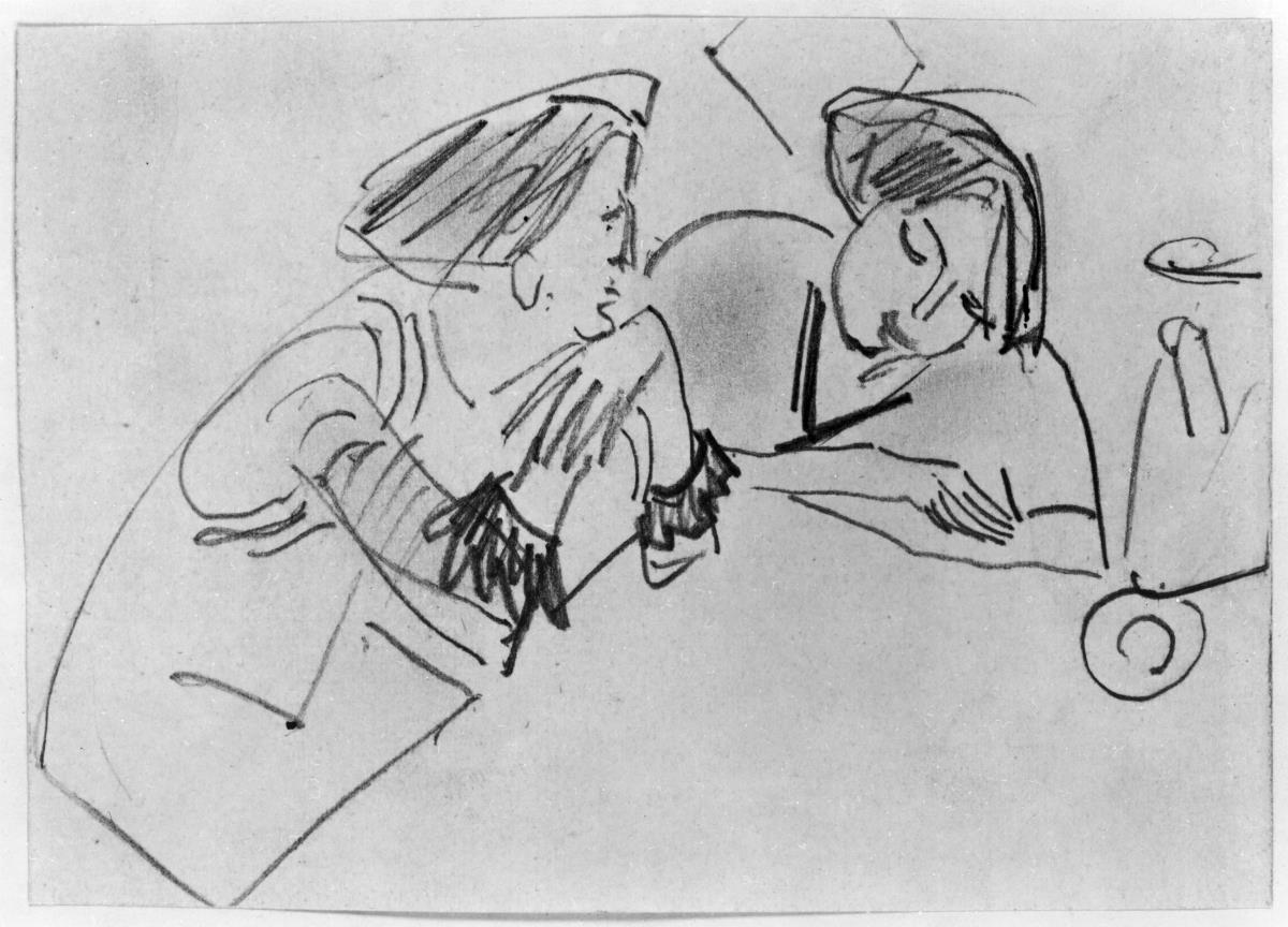 Zwei Frauen an einem Tisch (Erna und Gerda?)