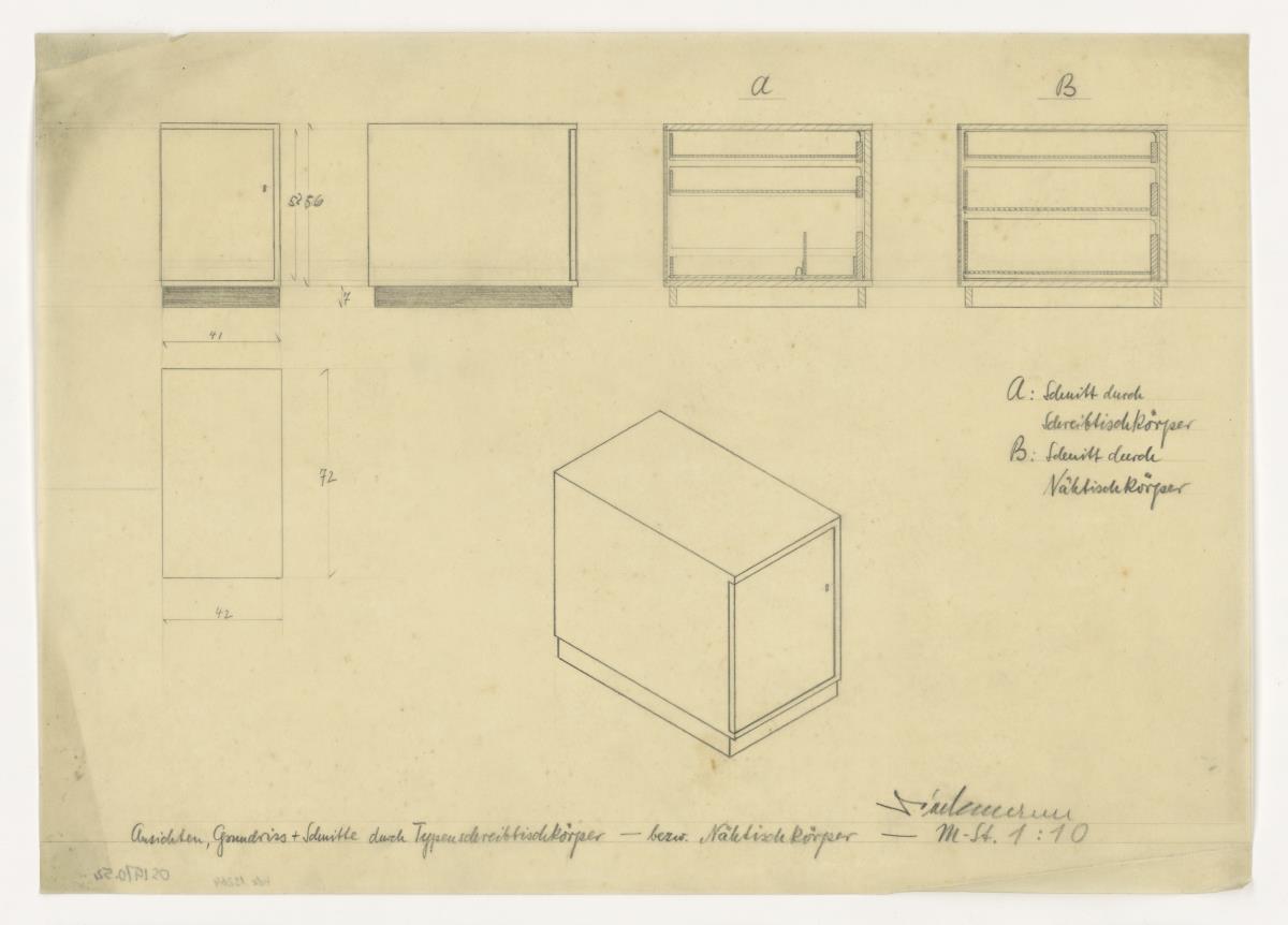 Typenschreibtisch, Schnitte, Ansichten (Möbelentwürfe, Schreibtische)
