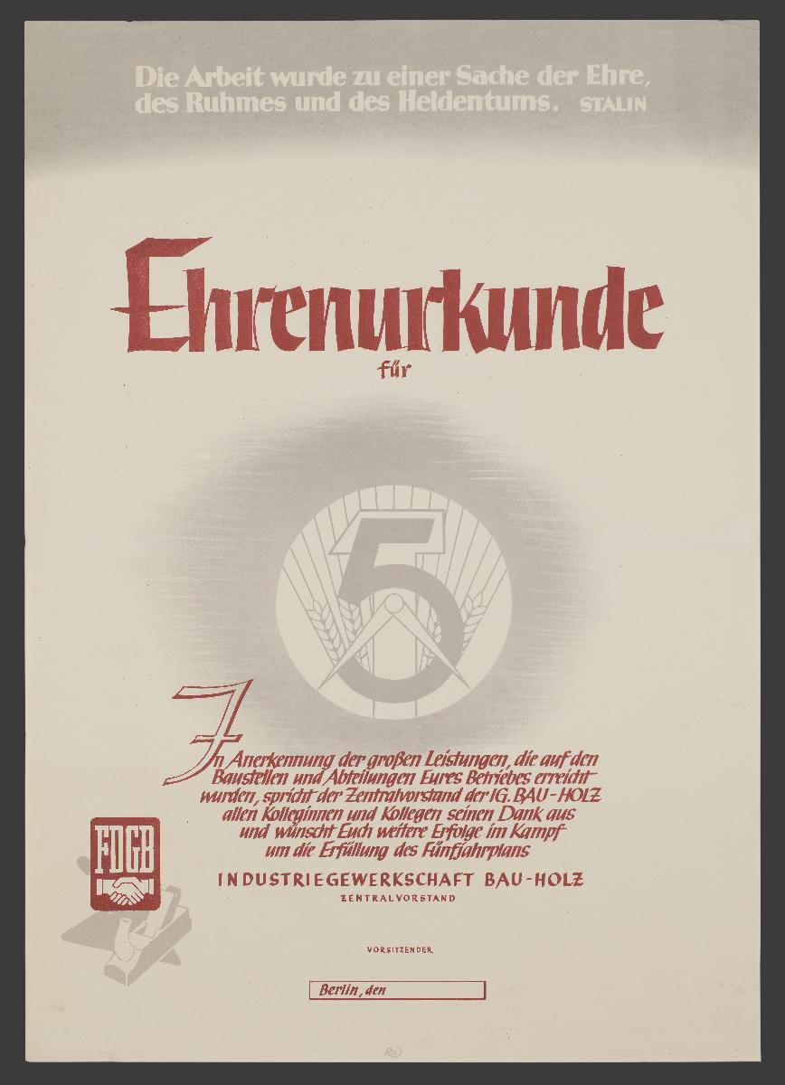Ehrenurkunde für ... In Anerkennung der großen Leistungen, die auf den Baustellen...