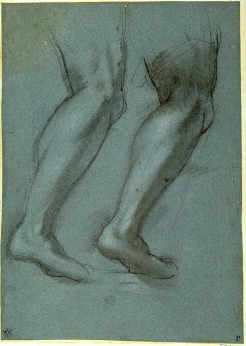 Studie für das rechte Bein des Mannes auf der Sprossenleiter links im Gemälde der Kreuzabnahme in der Capella di San Bernardino im Dom von Perugia