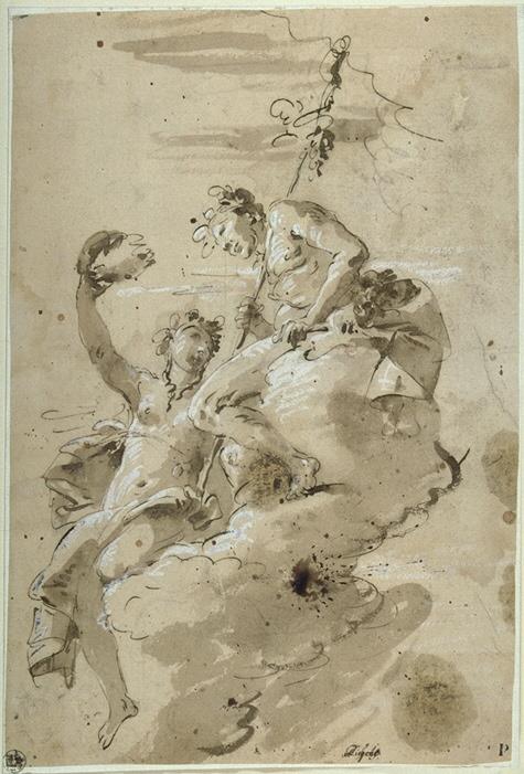 Zwei allegorische Figuren auf Wolken (Bacchus und Mänade?)