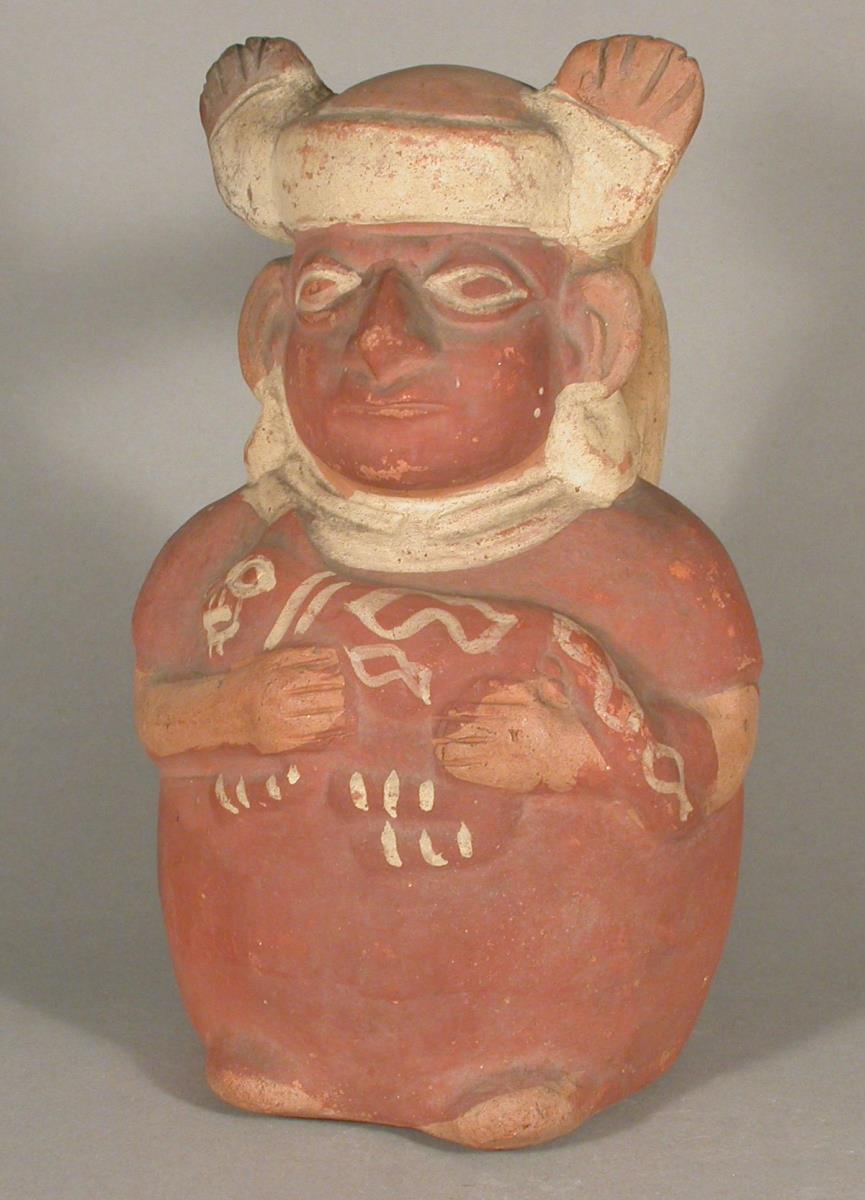 Stehende anthropomorphe Figur mit Feliden im Arm