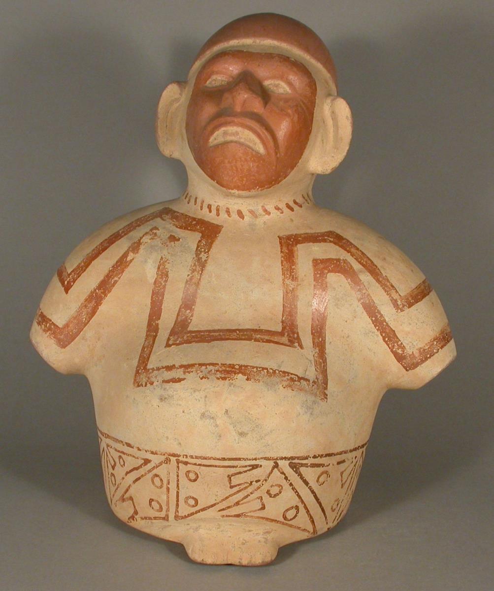 Sitzende anthropomorphe Figur ohne Arme; Fineline Painting: polymorph geometrisch