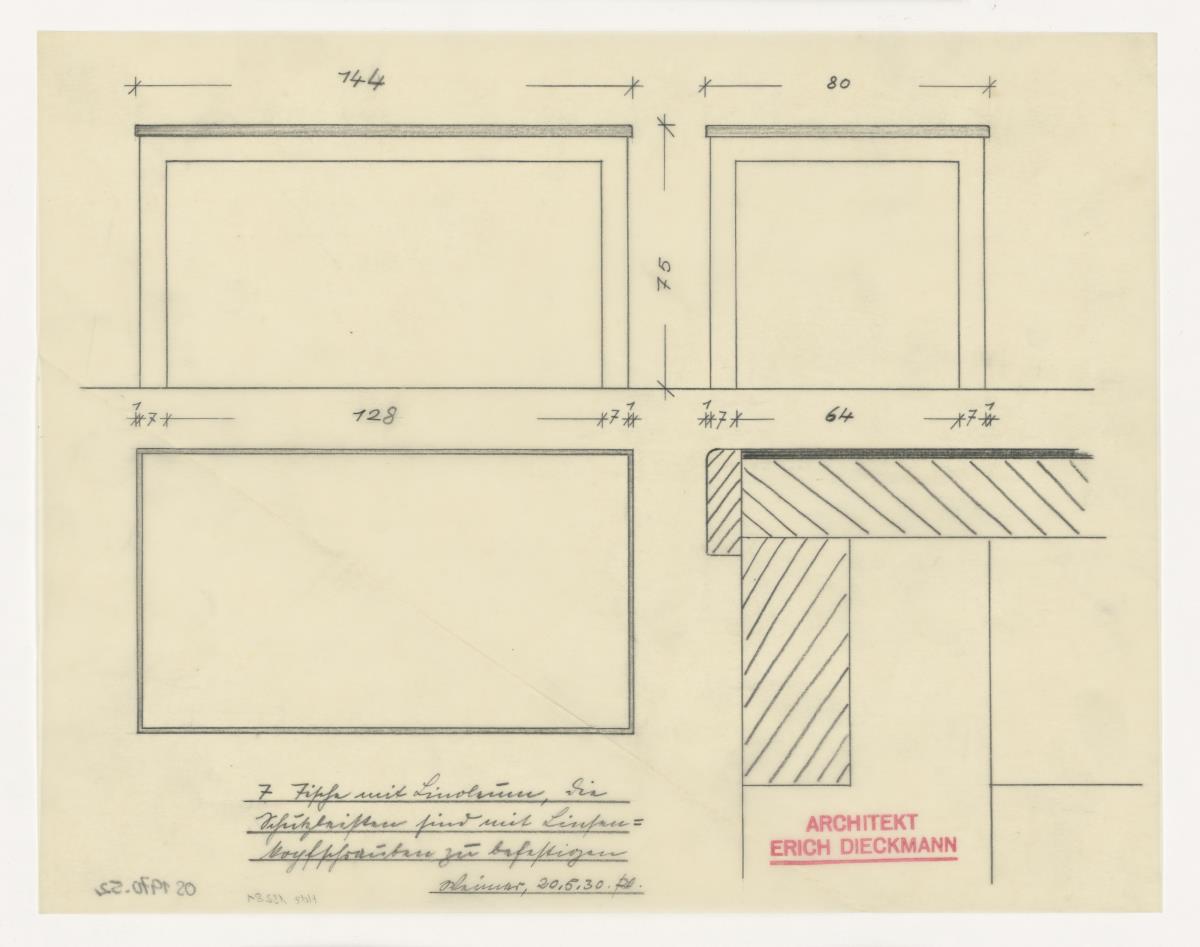 sieben Tische mit Linoleum (Möbelentwürfe, Tische)