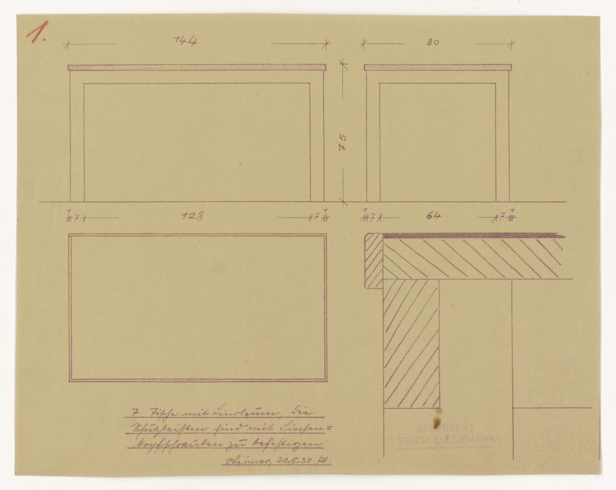 Sieben Tische mit Linoleum (Möbelentwürfe, Tische)