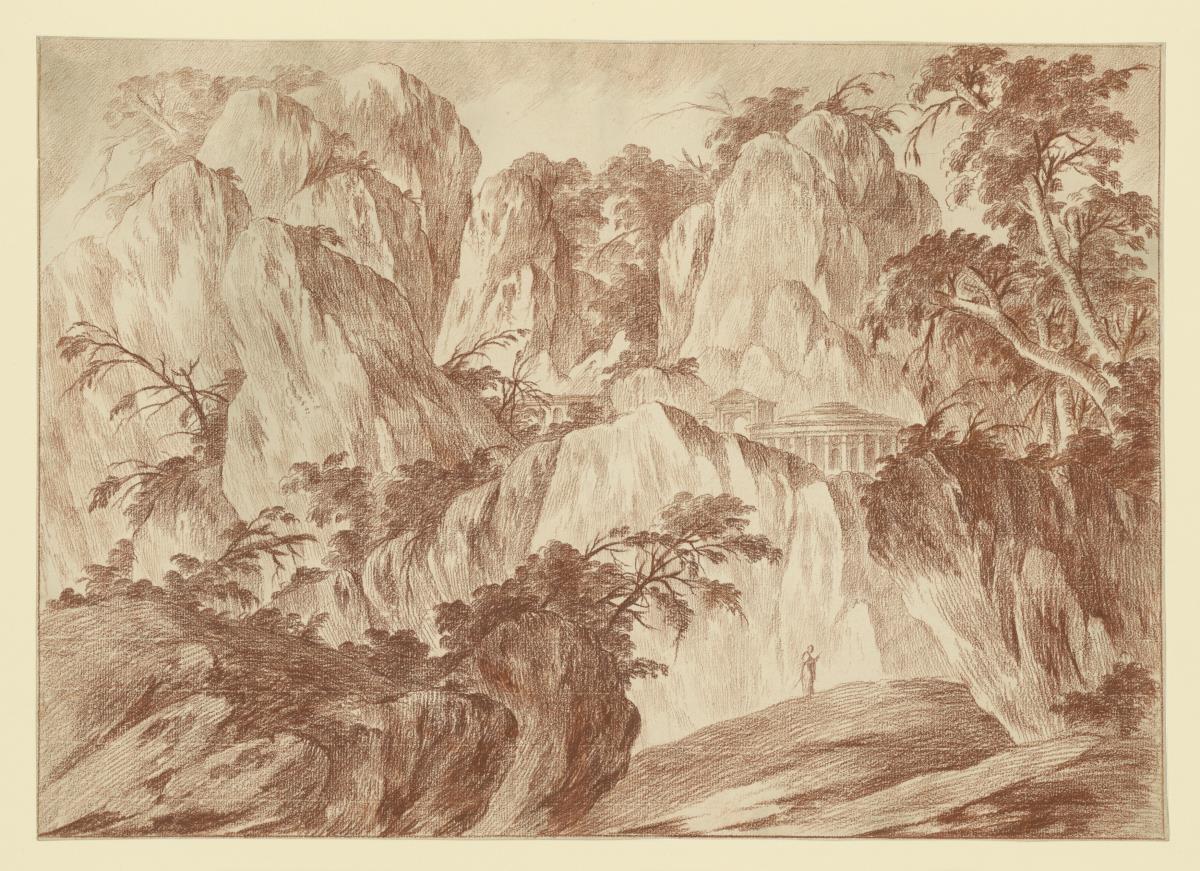 Einsame Figur vor schroffer Felslandschaft