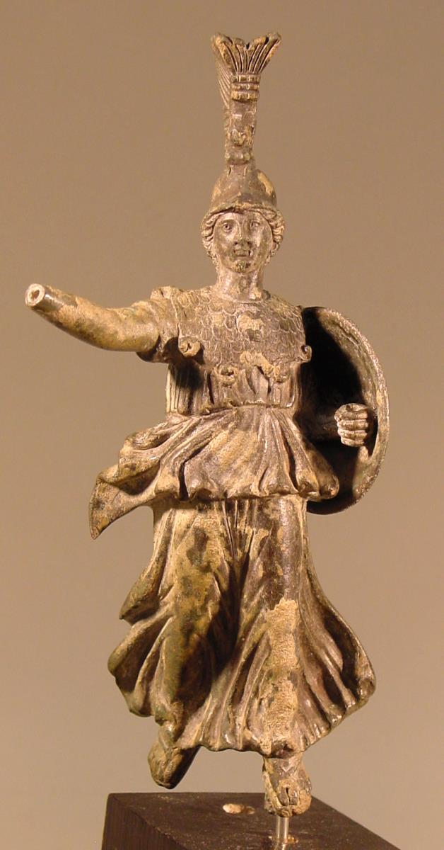 Römische Statuette der zum Kampf herabschwebenden Minerva