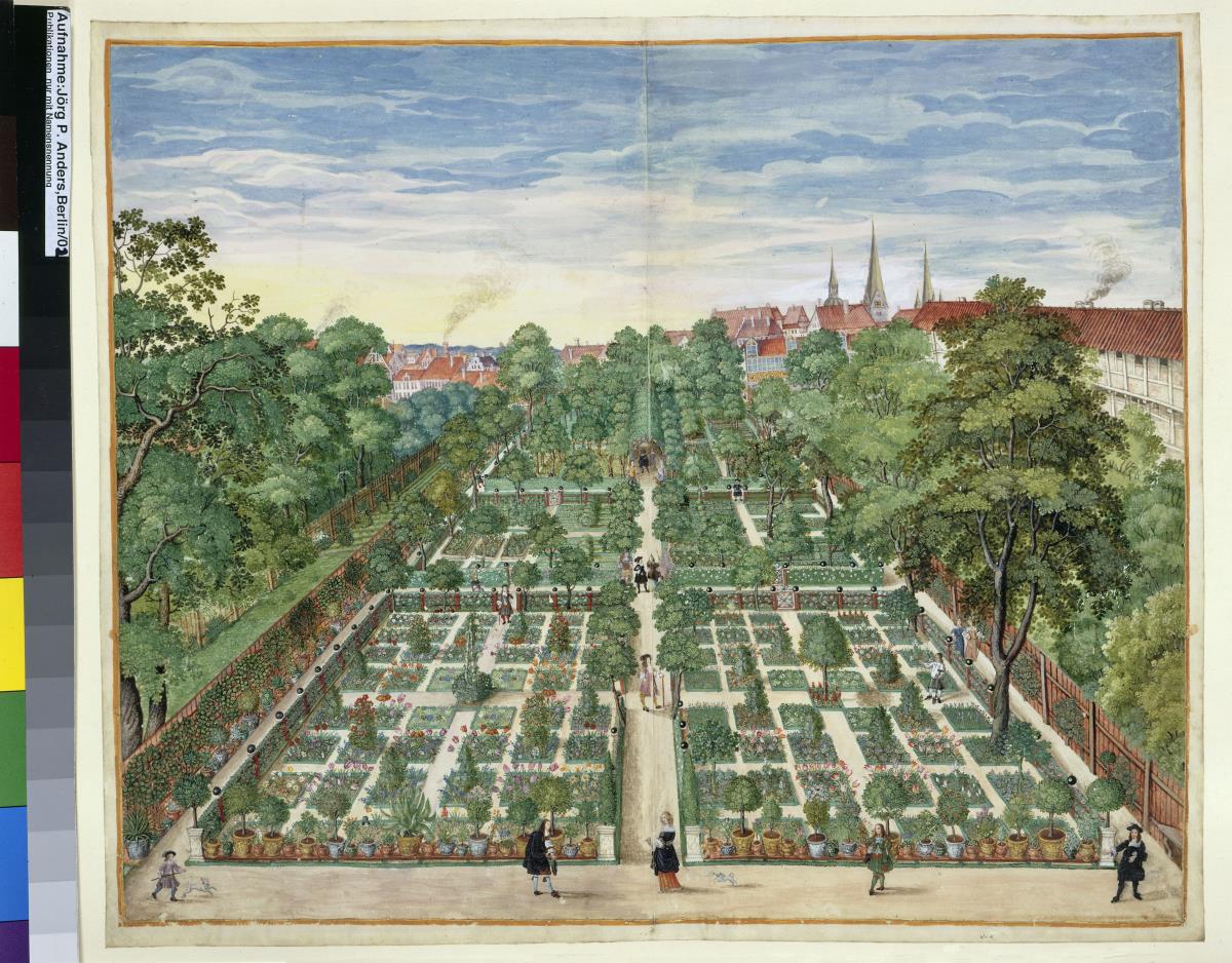 Der Barockgarten des Bürgermeisters Caspar Anckelmann in Hamburg, aus "Horti Anckelmanniani", Tom. I [II nicht nachgewiesen], Bll. 2v/3r