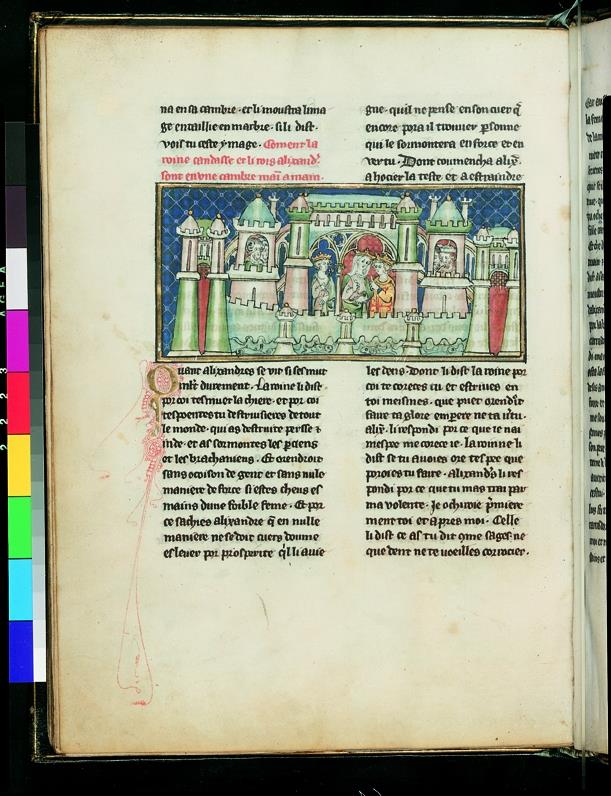 Alexander-Roman. Wie die Königin Candasse Hand in Hand mit Alexander in einem Zimmer ihres Schlosses ist