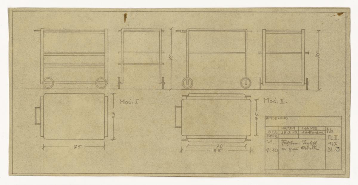 Fahrbarer Teetisch, zwei Modelle (Möbelentwürfe, Tische)