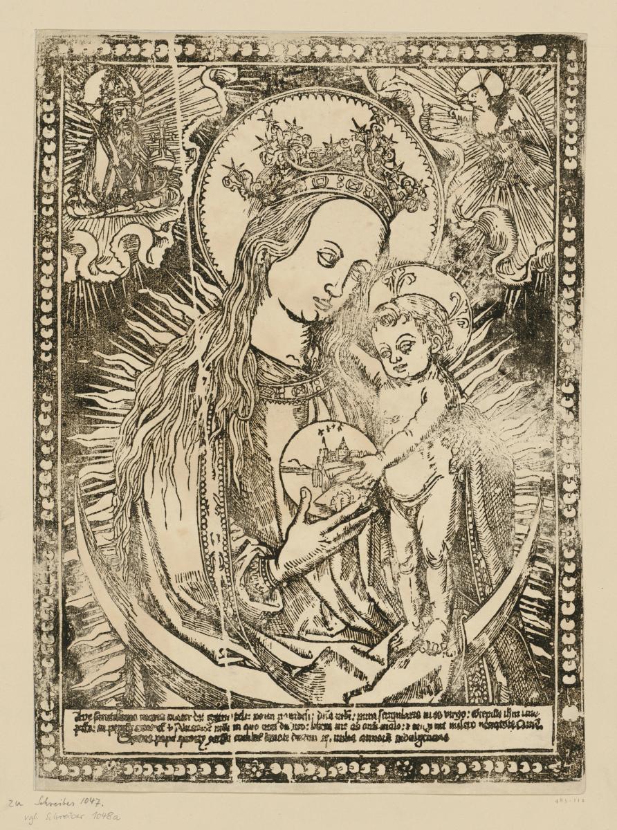 Madonna mit Kind in der Glorie mit Weltkugel, oben Gottvater und der Hl. Geist