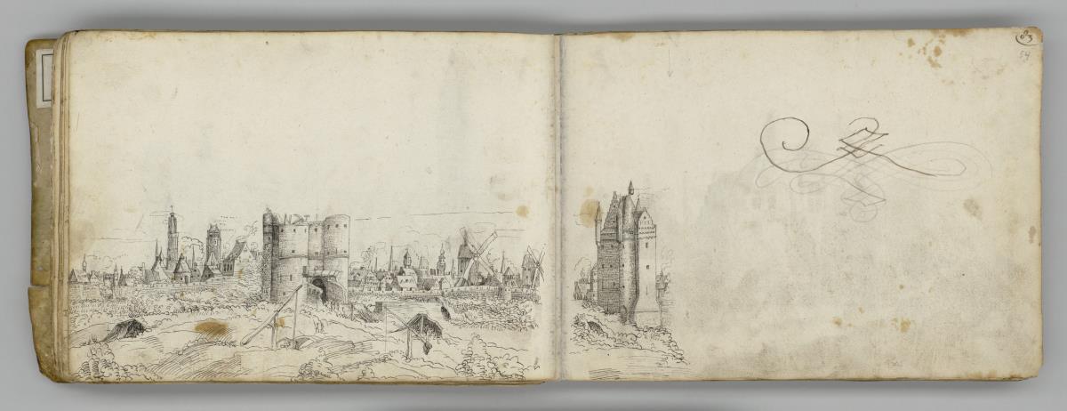 Blick auf eine Stadt mit Kirchtürmen, Windmühlen und großen Stadttoren (rechte Hälfte), kalligraphische Übung