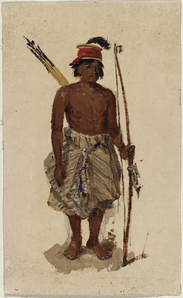 Mann mit Pfeil und Bogen. Ganze Figuer, stehend en face