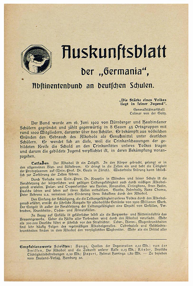 Auskunftsblatt der "Germania", Abstinentenbund an deutschen Schulen.