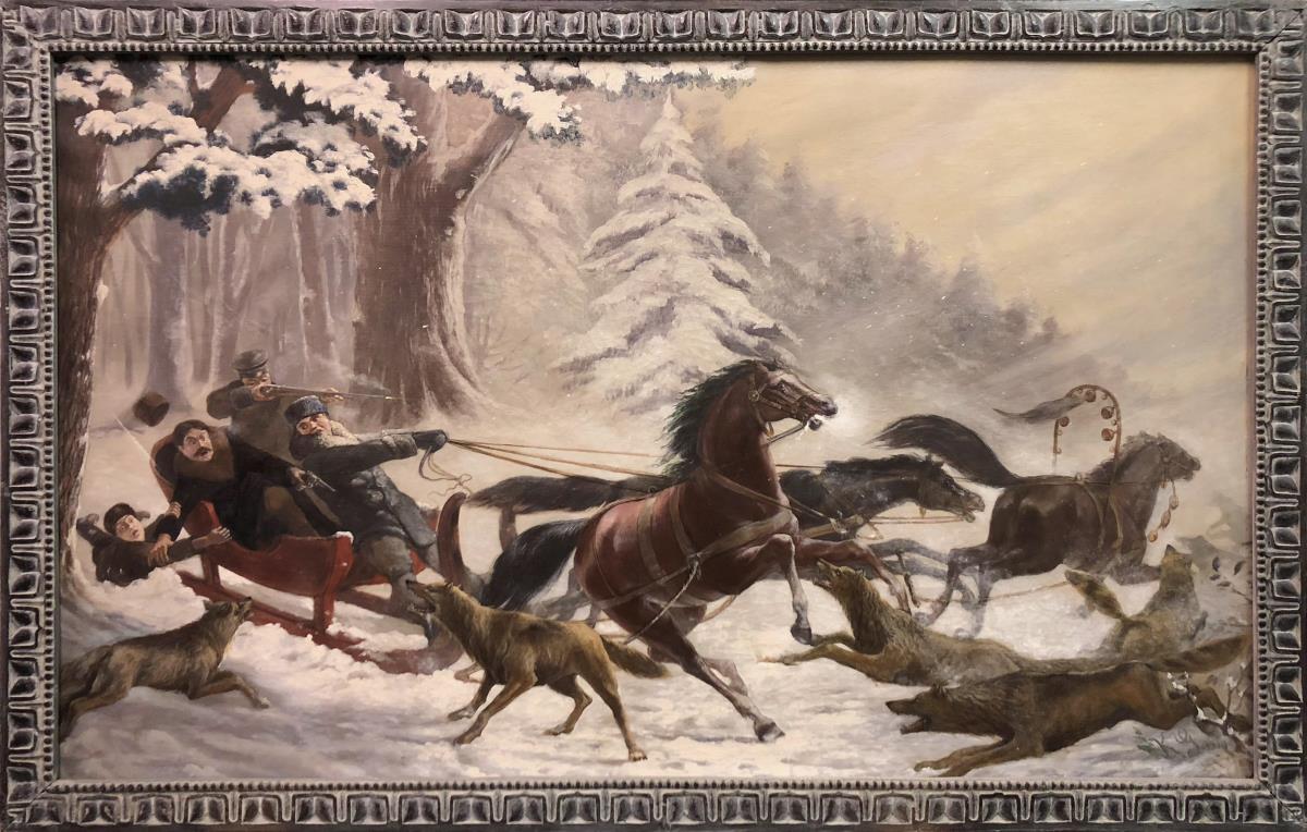Winterl. Schlittenfahrt in Rußland, 1914, die von Wolfsrudel verfolgt und angegriffen wird