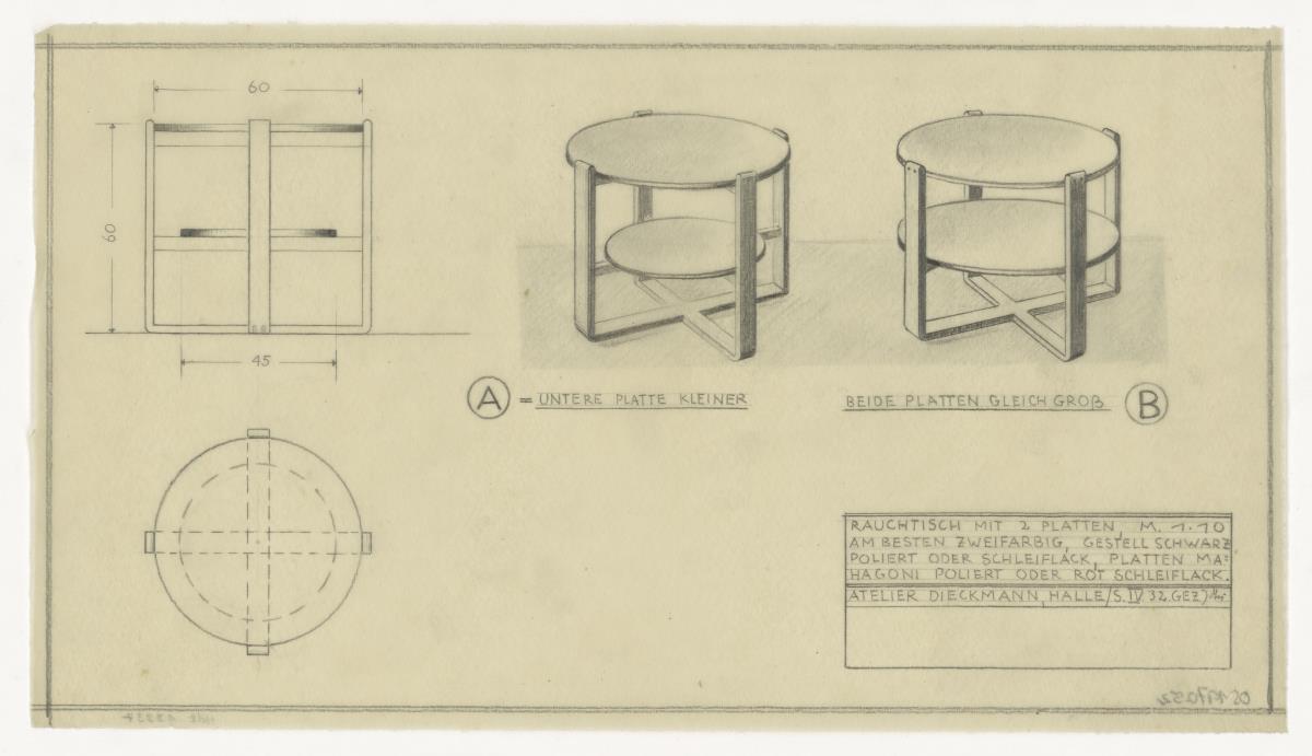 Rauchtisch mit zwei Platten, zwei Ausführungen (Möbelentwürfe, Tische)