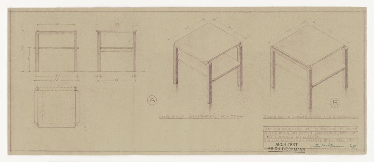 Tee- und Rauchtisch mit zwei Platten, zwei Ausführungen (Möbelentwürfe, Tische)