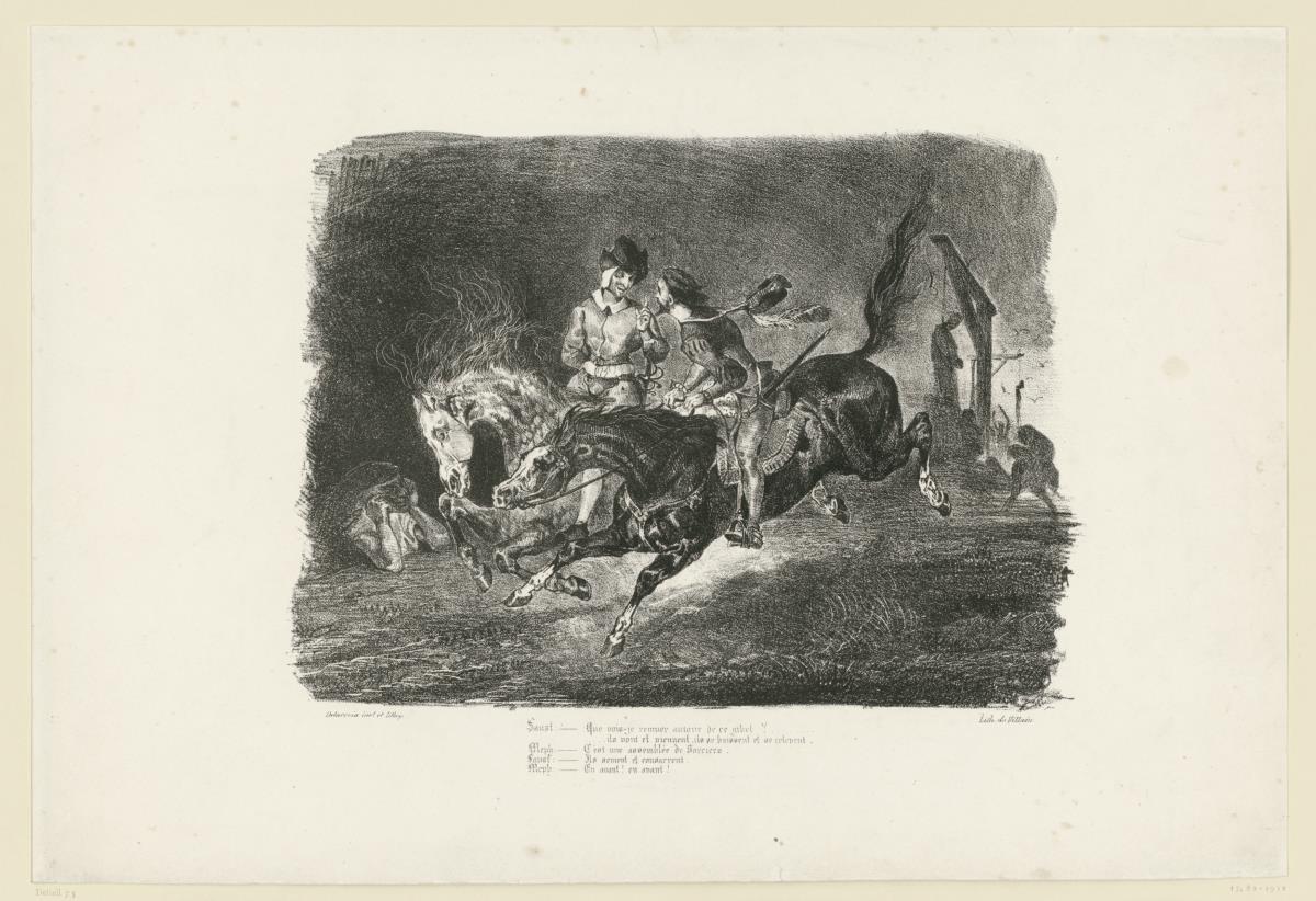 Mephisto und Faust, in der Nacht des Hexensabbats galoppierend / Méphistophélès et Faust galoppant dans la nuit du Sabbat. Illustration zu Goethe: Faust