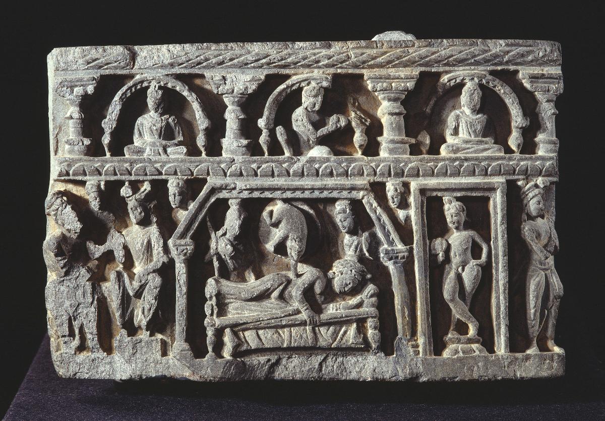 Erzählende Szene (Fragment): Traum der Königin Maya (unten Mitte) und Traumdeutung (unten links)