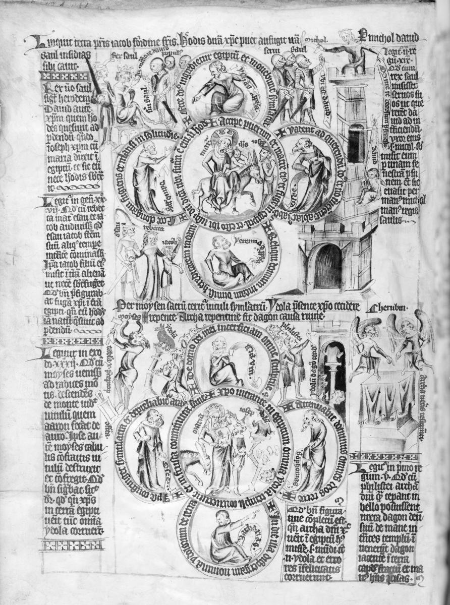 Biblia pauperum. Seite mit zwei Vierpässen, in deren Kreisen biblische Szenen und Figuren