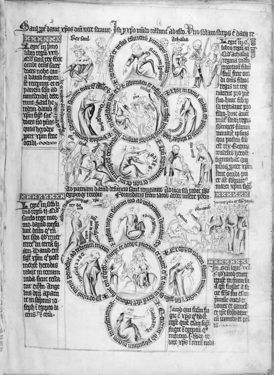 Biblia pauperum. Seite mit zwei Vierpässen, in deren Kreisen biblische Szenen und Figuren