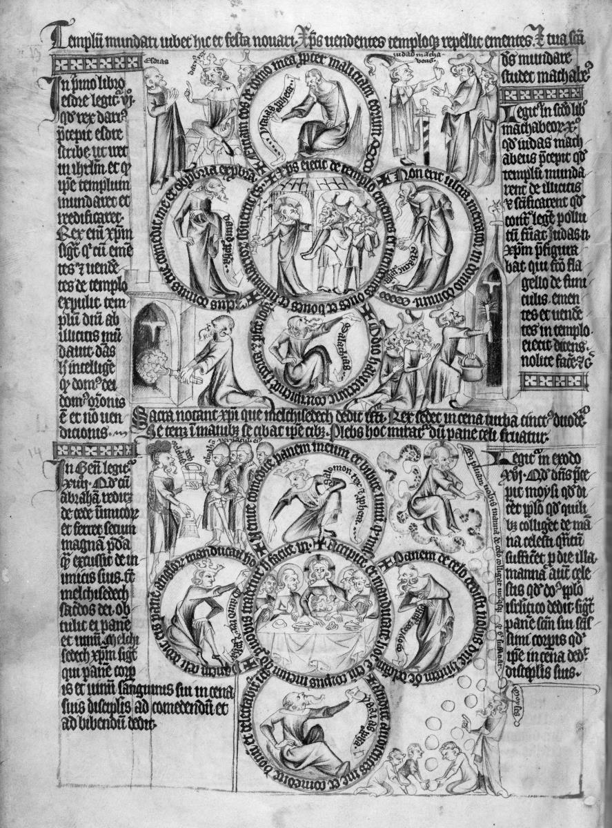 Biblia pauperum. Seite mit zwei Vierpässen, in deren Kreisen biblische Szenen und Figuren