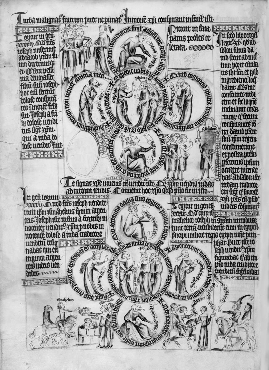 Biblia pauperum. Seite mit zwei Vierpässen, in deren Kreisen biblische Szenen und Figuren