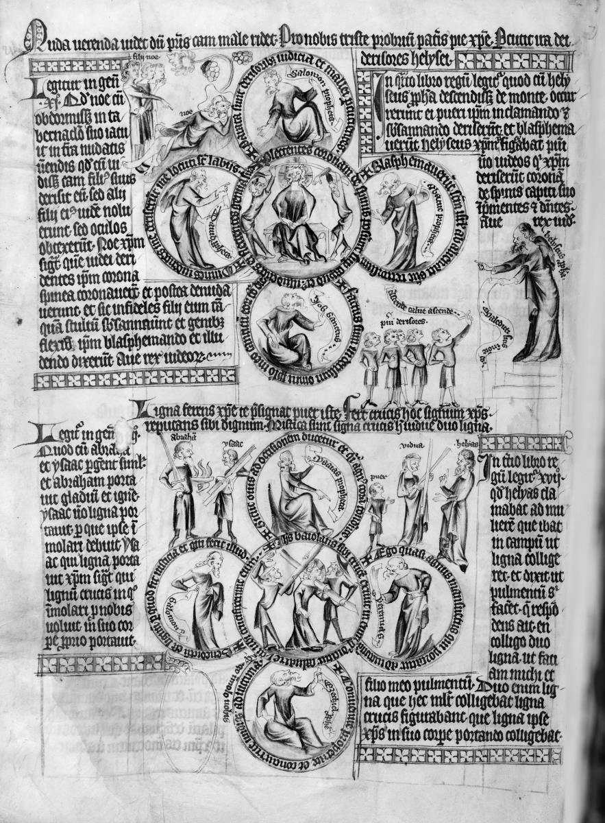 Biblia pauperum. Seite mit zwei Vierpässen, in deren Kreisen biblische Szenen und Figuren