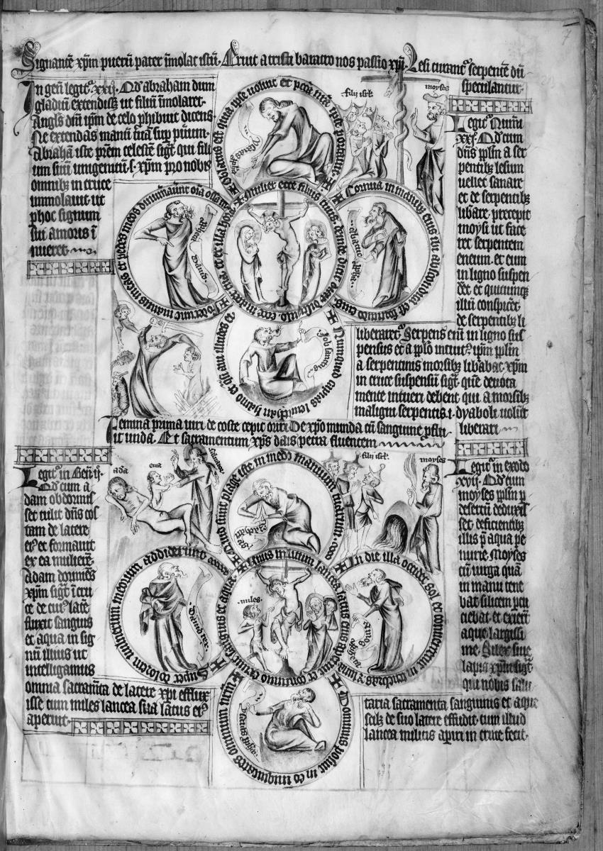Biblia pauperum. Seite mit zwei Vierpässen, in deren Kreisen biblische Szenen und Figuren