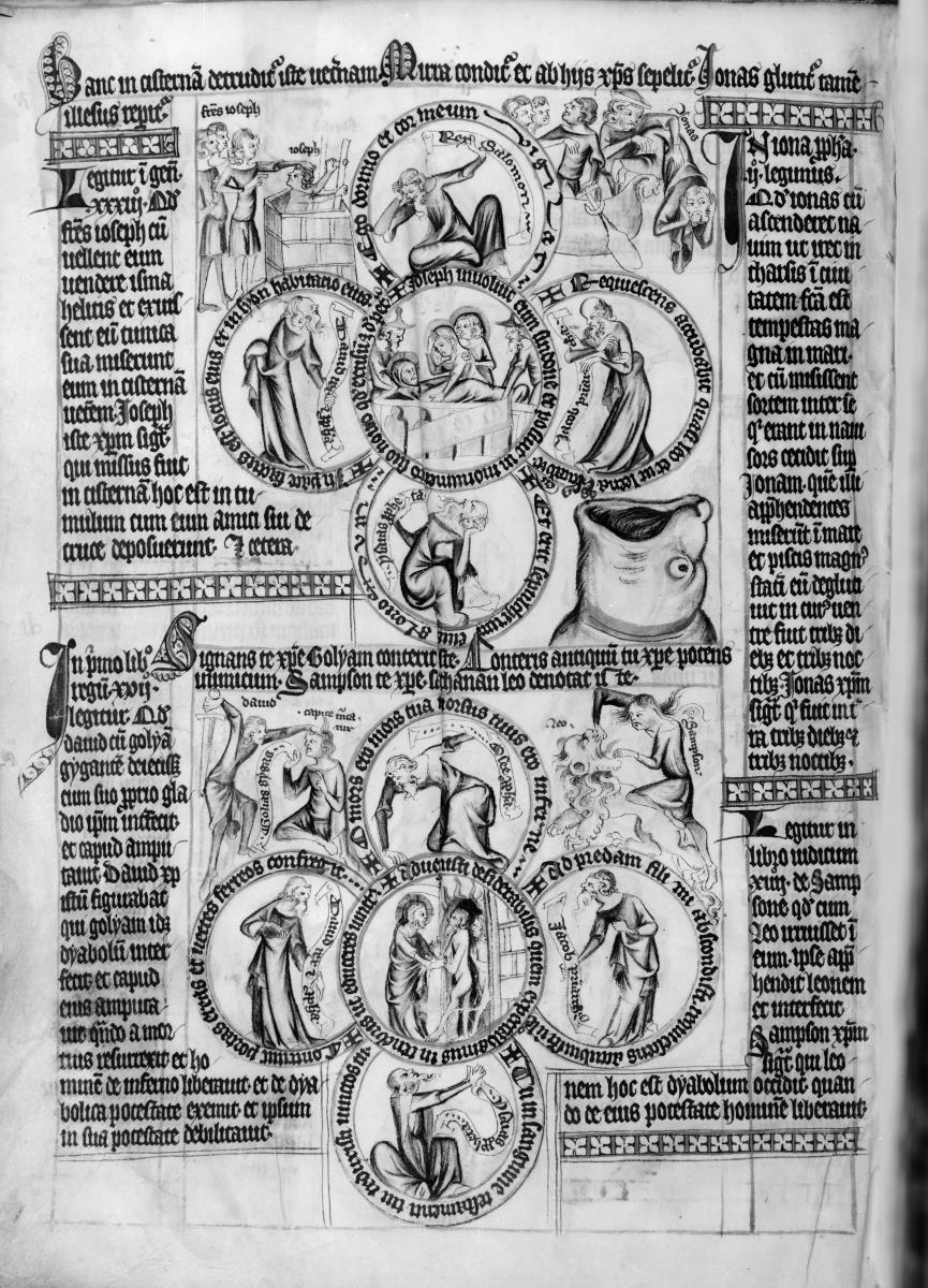 Biblia pauperum. Seite mit zwei Vierpässen, in deren Kreisen biblische Szenen und Figuren