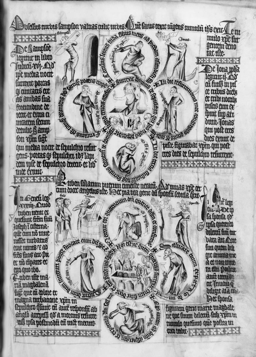 Biblia pauperum. Seite mit zwei Vierpässen, in deren Kreisen biblische Szenen und Figuren