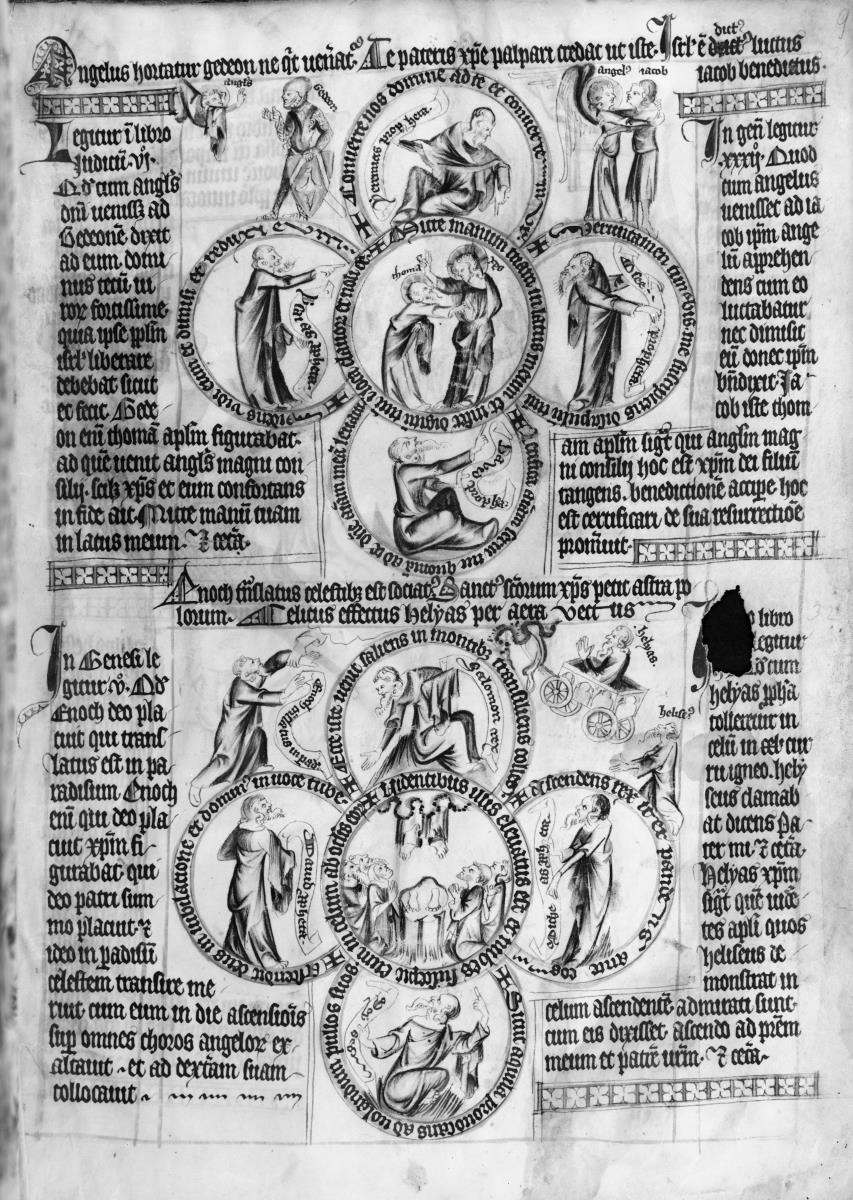 Biblia pauperum. Seite mit zwei Vierpässen, in deren Kreisen biblische Szenen und Figuren