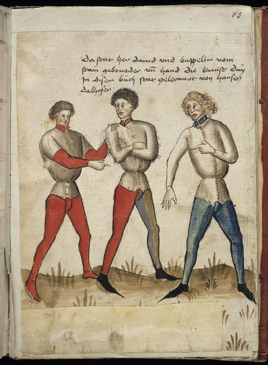 Drei stehende Männer, zwei mit erklärenden Gebärden. Darüber: „da stat her david und buppelm vom Stain gebrueder und hand die
Kunst duy in disem büch stat gelernnet von Hansen dalhofer“. Fecht- und Ringerbuch der Brüder vom Stain (nach Talhoffer)
