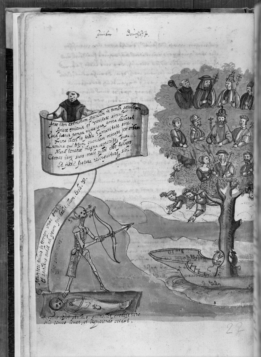 Totentanz für Wilhelm Werner, Graf zu Zimmern - Der Tod schießt mit dem Pfeil nach den Halbfiguren der Ritter, Fürsten und Geistlichen im Baum der Eitelkeit, der, in einem Kahn stehend, von zwei Mäusen ausgehöhlt wird
