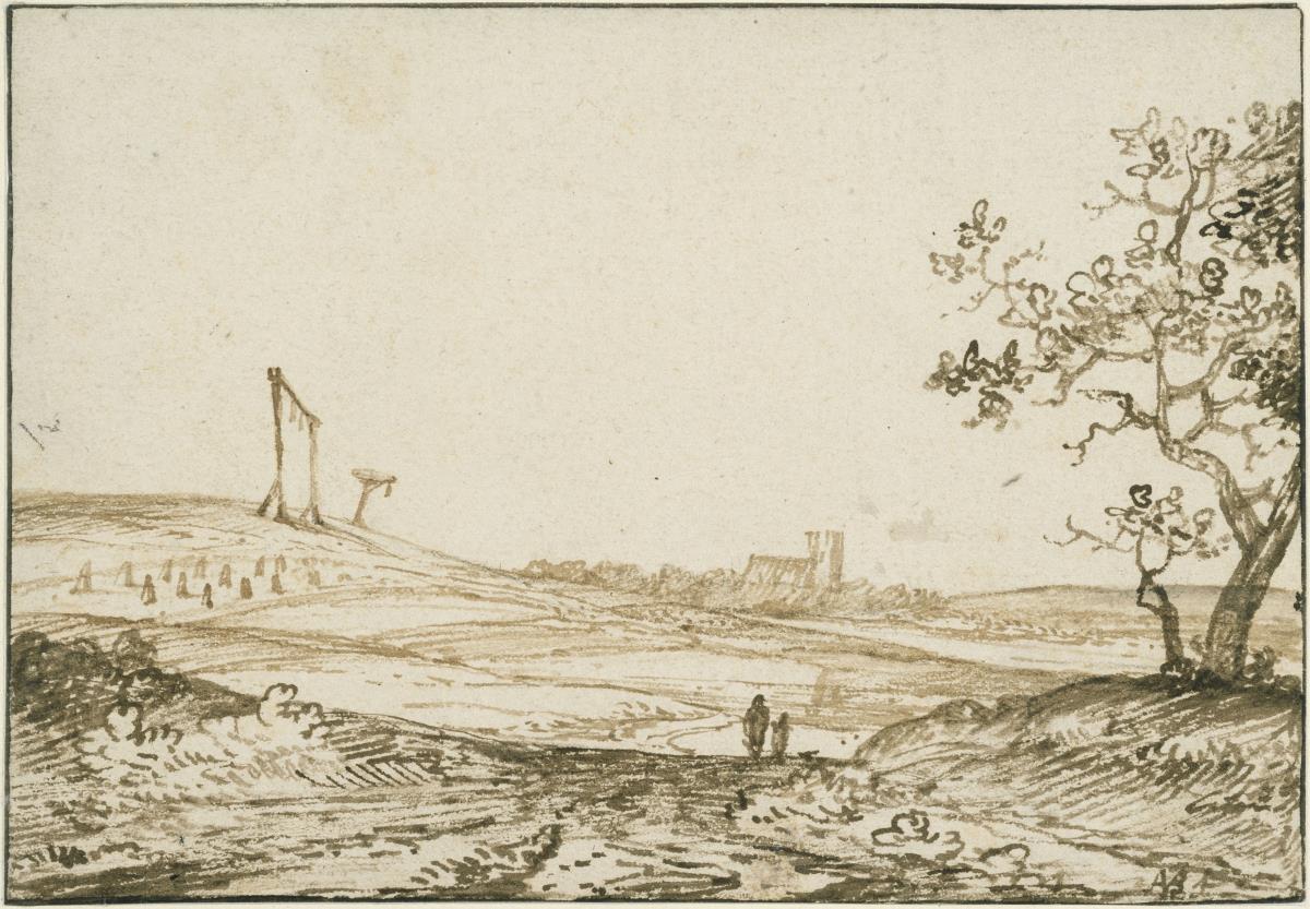 Hügelige Landschaft mit Blick auf eine Kirche. Links auf einer Anhöhe zwei Galgen