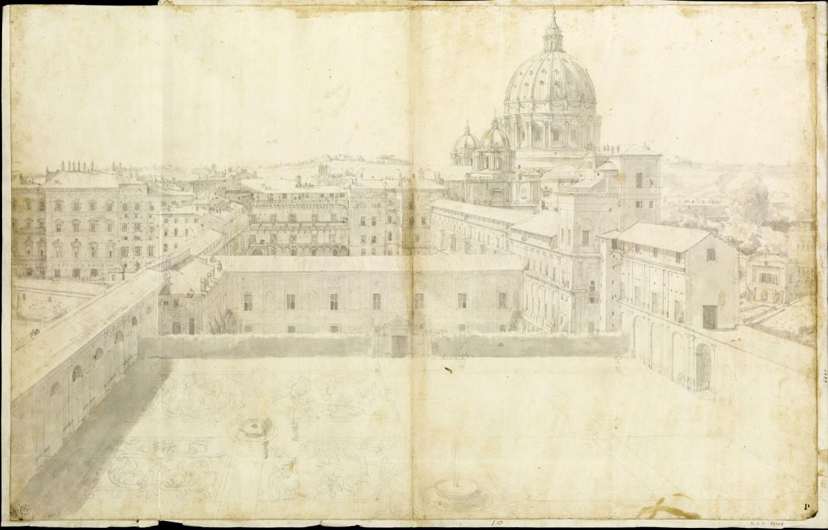 Blick vom Cortile della Pigna auf Sankt Peter und den Vatikanischen Palast, rechts Torre dei Venti, Villa Pius IV., S. Pietro, links Palast Sixtus V.