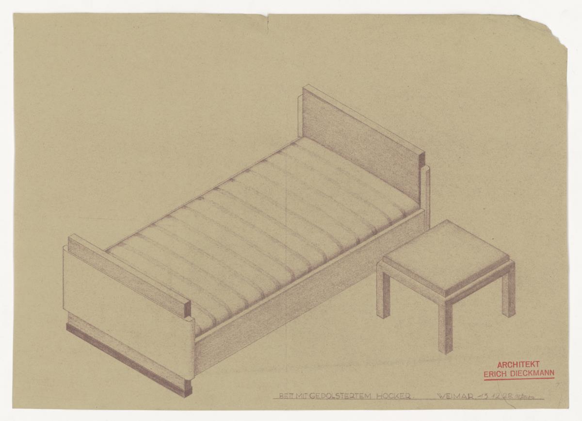 Bett mit Hocker (Möbelentwürfe, Betten)