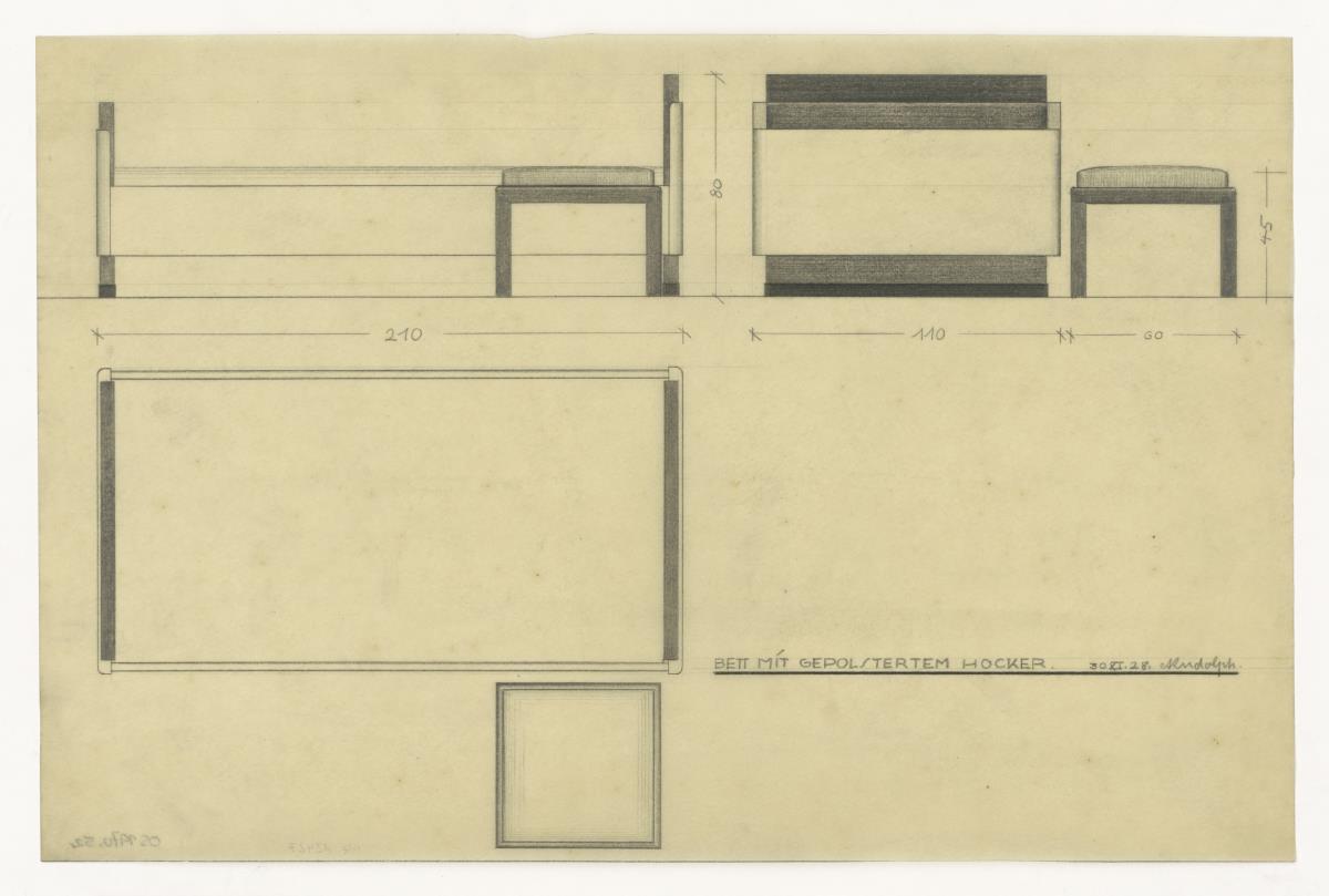 Bett mit Hocker, Ansichten (Möbelentwürfe, Betten)
