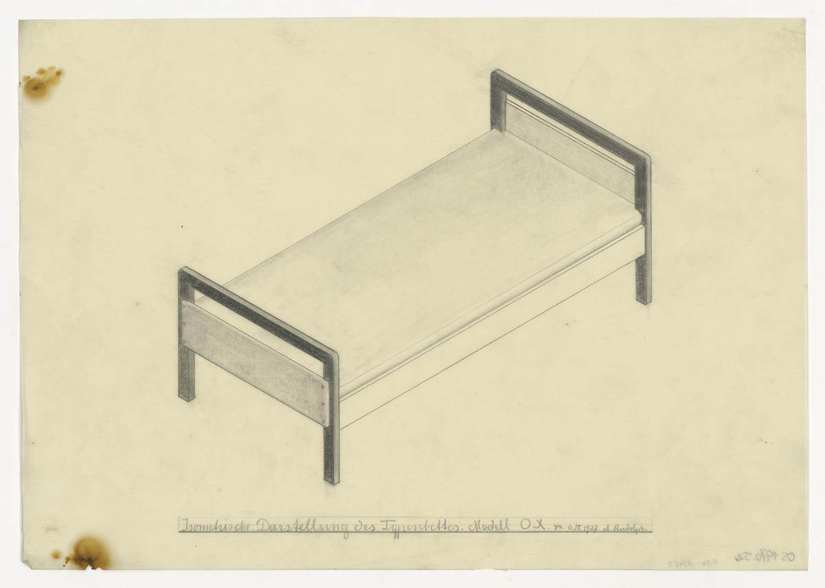 Typenbett, Modell 0X, isometrische Darstellung (Möbelentwürfe, Betten)