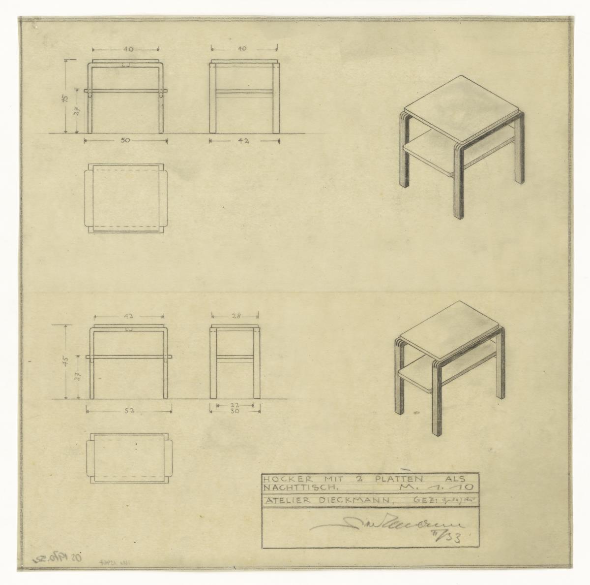 Nachttisch, Hocker mit 2 Platten (Möbelentwürfe, Betten)