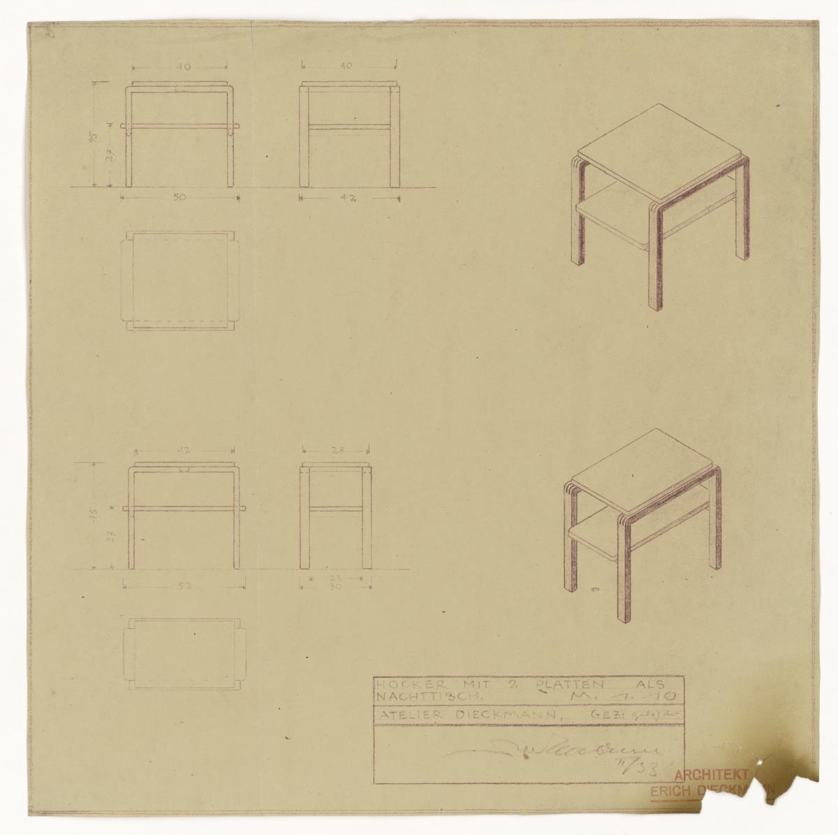 Nachttisch, Hocker mit 2 Platten (Möbelentwürfe, Betten)