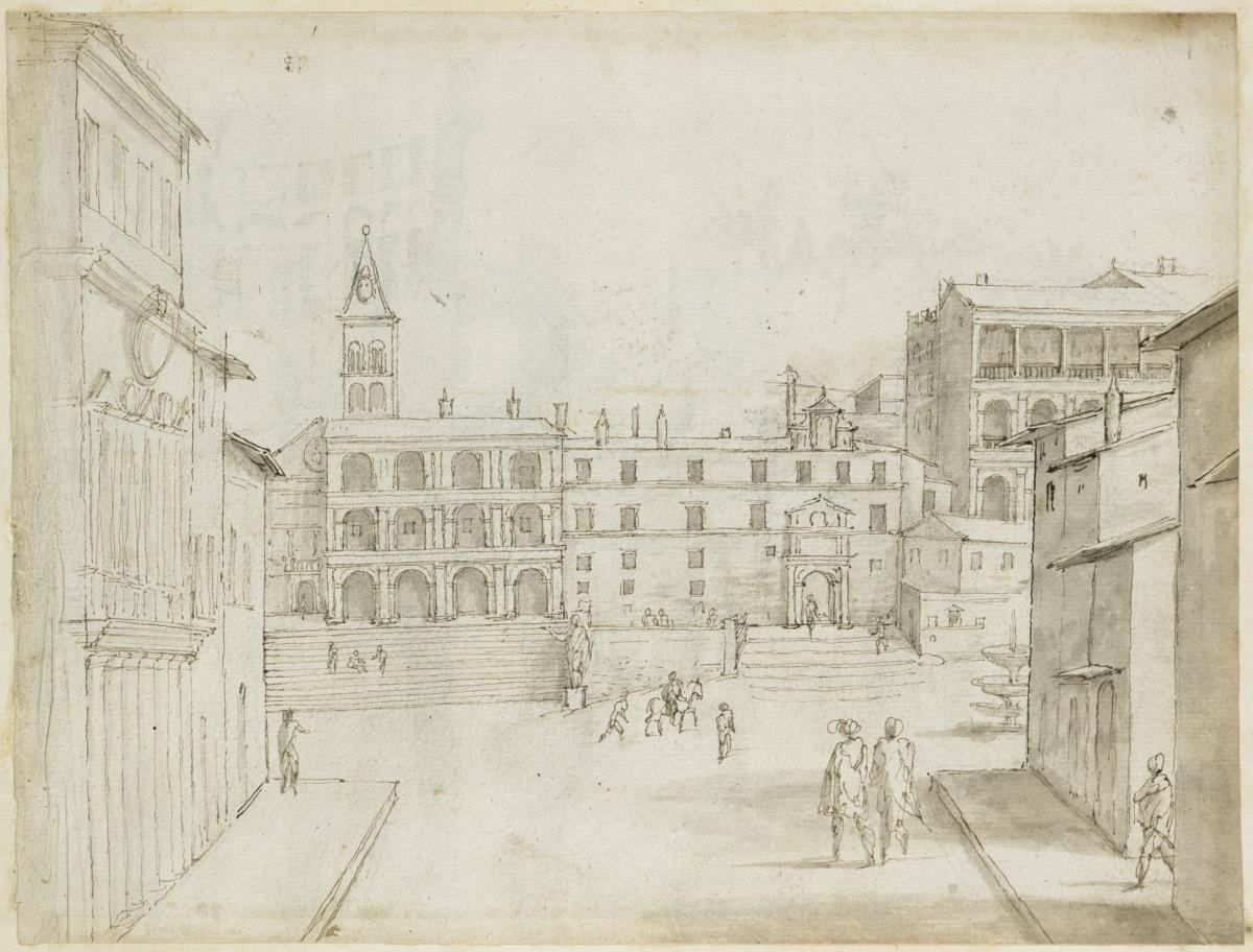 Der Petersplatz mit dem Eingang zum Lateranpalast und dem Reiterstandbild des Marc Aurel
